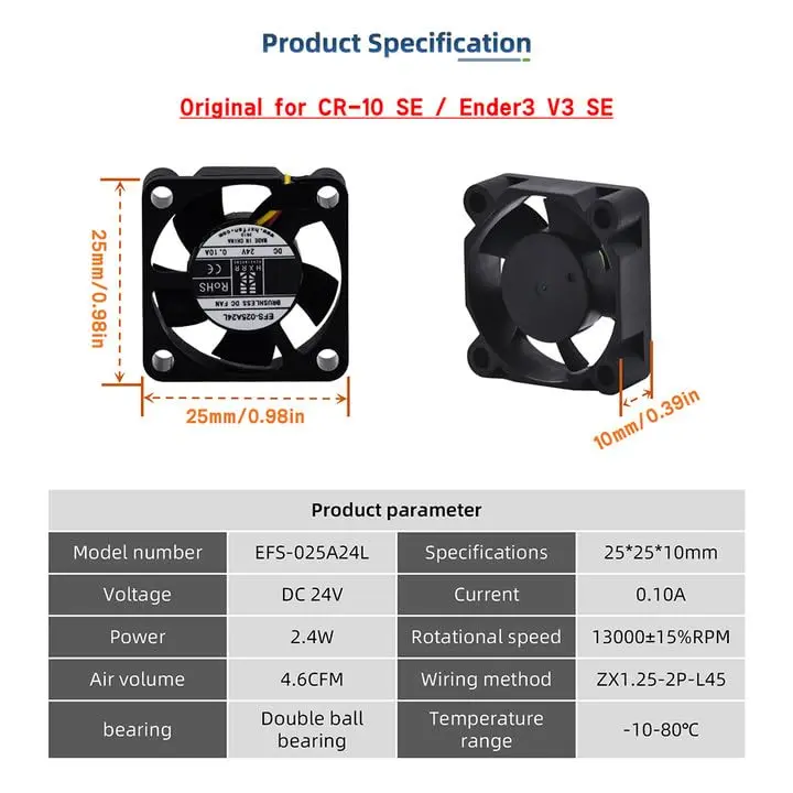 Made of high quality plastics with high end bearings, Multi Fan Blades with Fluid Design，this 3D printer part cooling fan can run continuously for days at high speeds without hassle or concern.