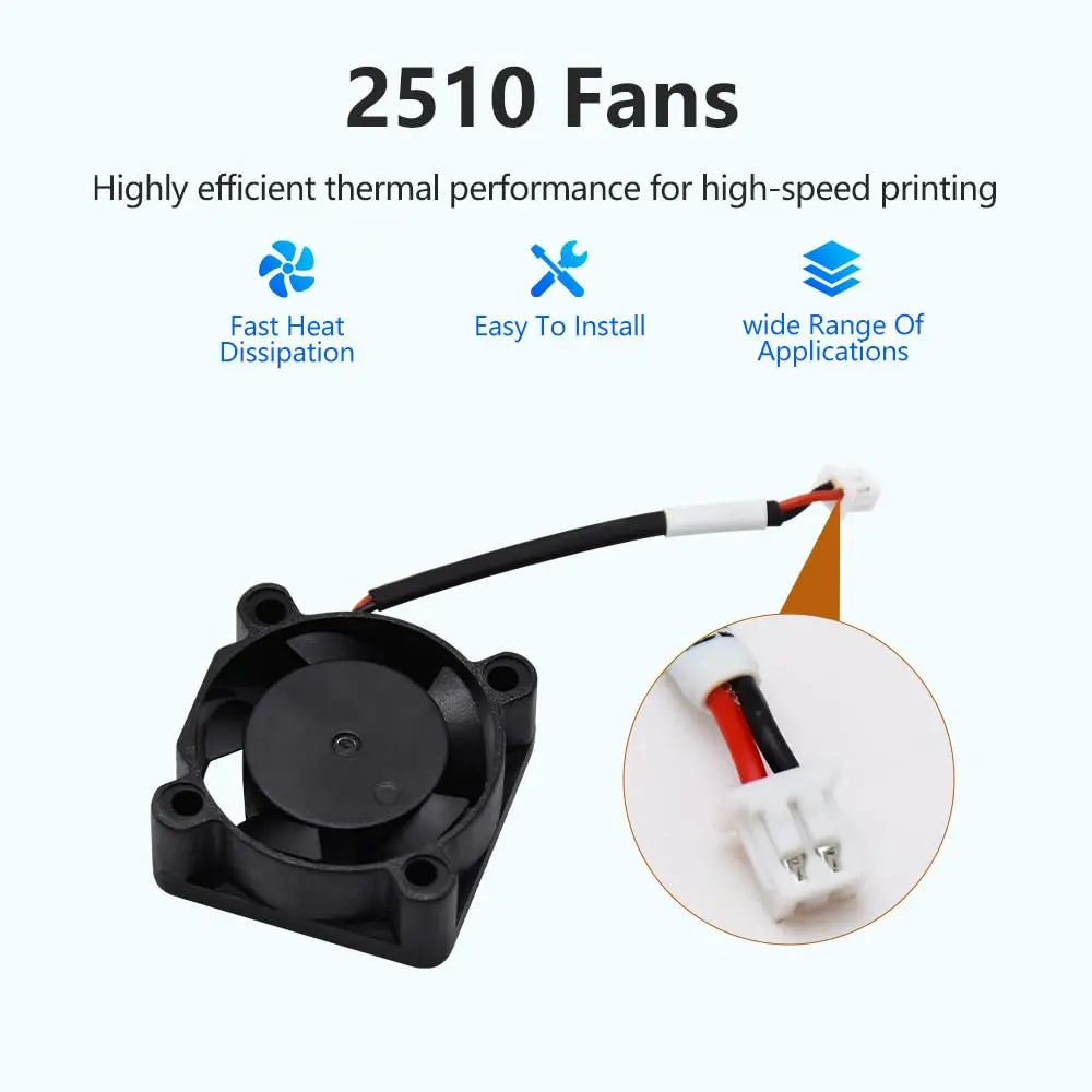 Made of high quality plastics with high end bearings, Multi Fan Blades with Fluid Design，this 3D printer part cooling fan can run continuously for days at high speeds without hassle or concern.