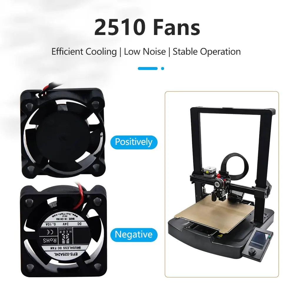 Made of high quality plastics with high end bearings, Multi Fan Blades with Fluid Design，this 3D printer part cooling fan can run continuously for days at high speeds without hassle or concern.