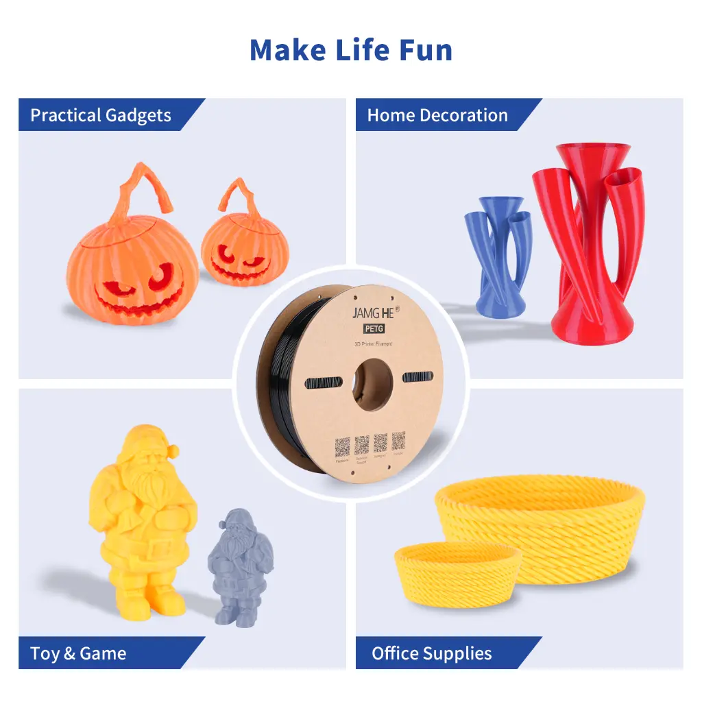 Jamg He PETG filament are easy to print due to the materials' lack of odor and non-toxicity, as well as its resistance to warping and moisture.  