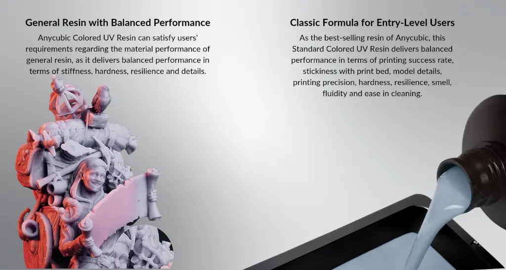 Top-Choice for Entry-Level Users: Following the classic formula, Anycubic Standard Colored UV Resin is well integrated and in balance with the performance on printing precision, hardness, fluidity, etc.