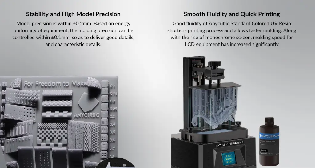 Top-Choice for Entry-Level Users: Following the classic formula, Anycubic Standard Colored UV Resin is well integrated and in balance with the performance on printing precision, hardness, fluidity, etc.