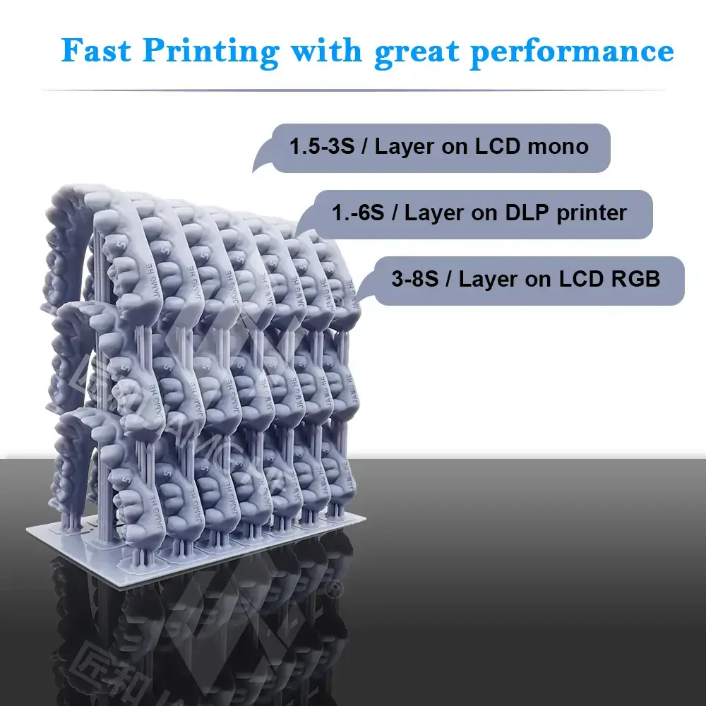 This dental 3d printing resin has excellent strength and stability performance, can reach the dimensionalaccuracy of ±30um and long-term retention, high strength, low shrinkage