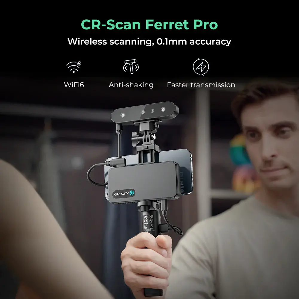 The Creality CR-Scan Ferret Pro 3D Scanner boasts revolutionary anti-shake tech, countering hand tremors in 3D scanning. It guarantees precision even with unsteady hands. Traditional shaky-hand issues leading to inaccurate models are eliminated. Ideal for precision-demanding sectors like engineering, design, and healthcare. It employs real-time stabilization to counter hand movements, ensuring seamless and precise scans, making it invaluable for accuracy-driven professionals and enthusiasts.