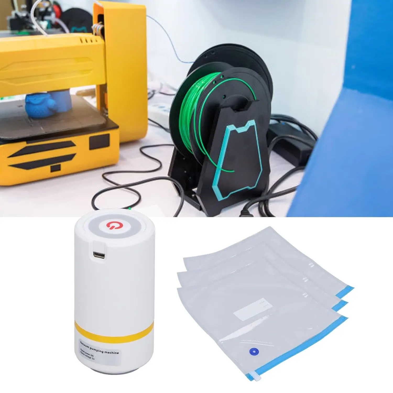  The suction power of the electric vacuum pump is strong and can quickly pump out the air from your storage bags or 3D printer filament bags. Just align the pump with the bag nozzle and press the power button for easy and efficient vacuum sealing.