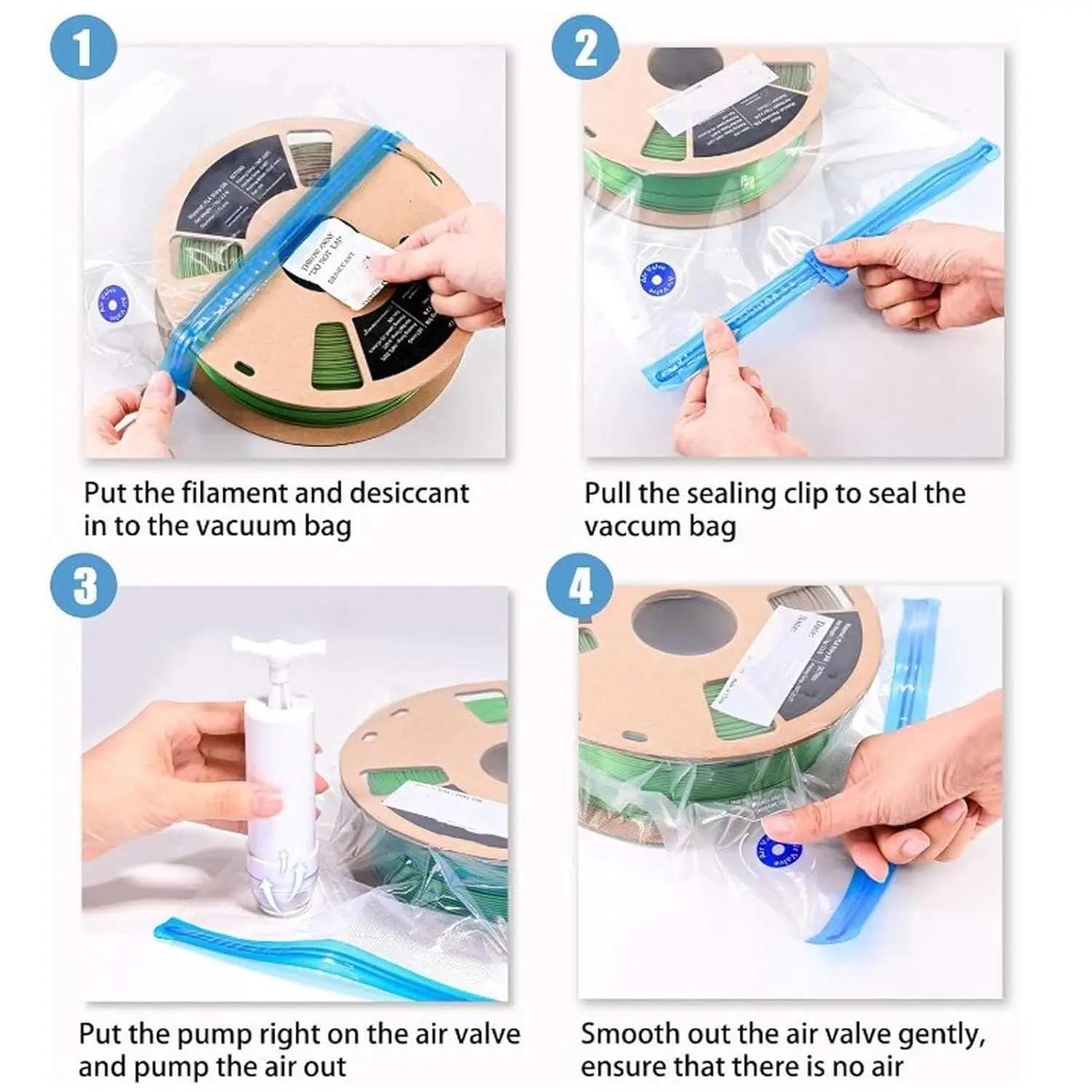 The suction power of the electric vacuum pump is strong and can quickly pump out the air from your storage bags or 3D printer filament bags. Just align the pump with the bag nozzle and press the power button for easy and efficient vacuum sealing.