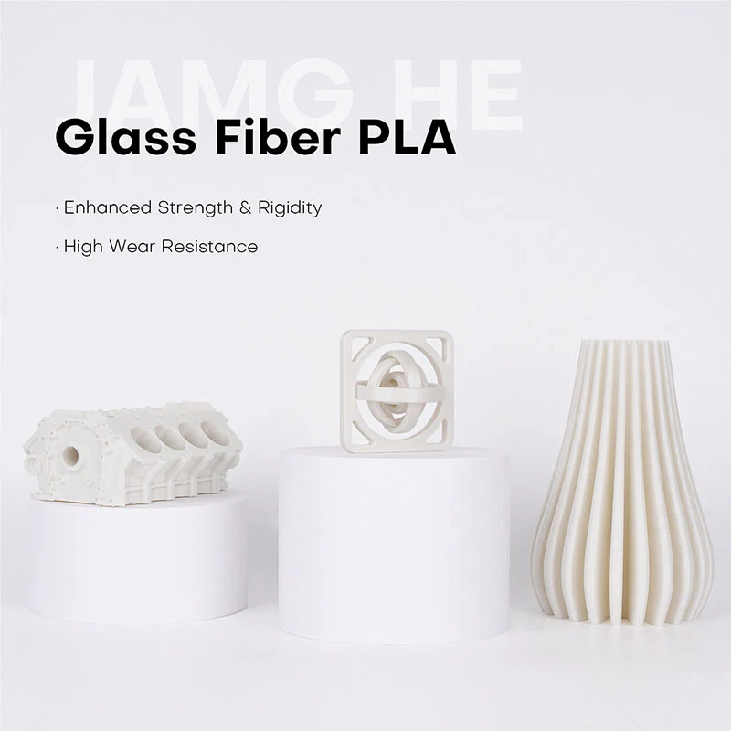 Glass Fiber PLA Filament for 3D Printing JAMG HE-GF is a glass fiber-reinforced PLA filament, enhanced in both mechanical and aesthetic properties. Compared with regular PLA, PLA-GF outperforms in strength, stiffness, temperature resistance and dimensional stability