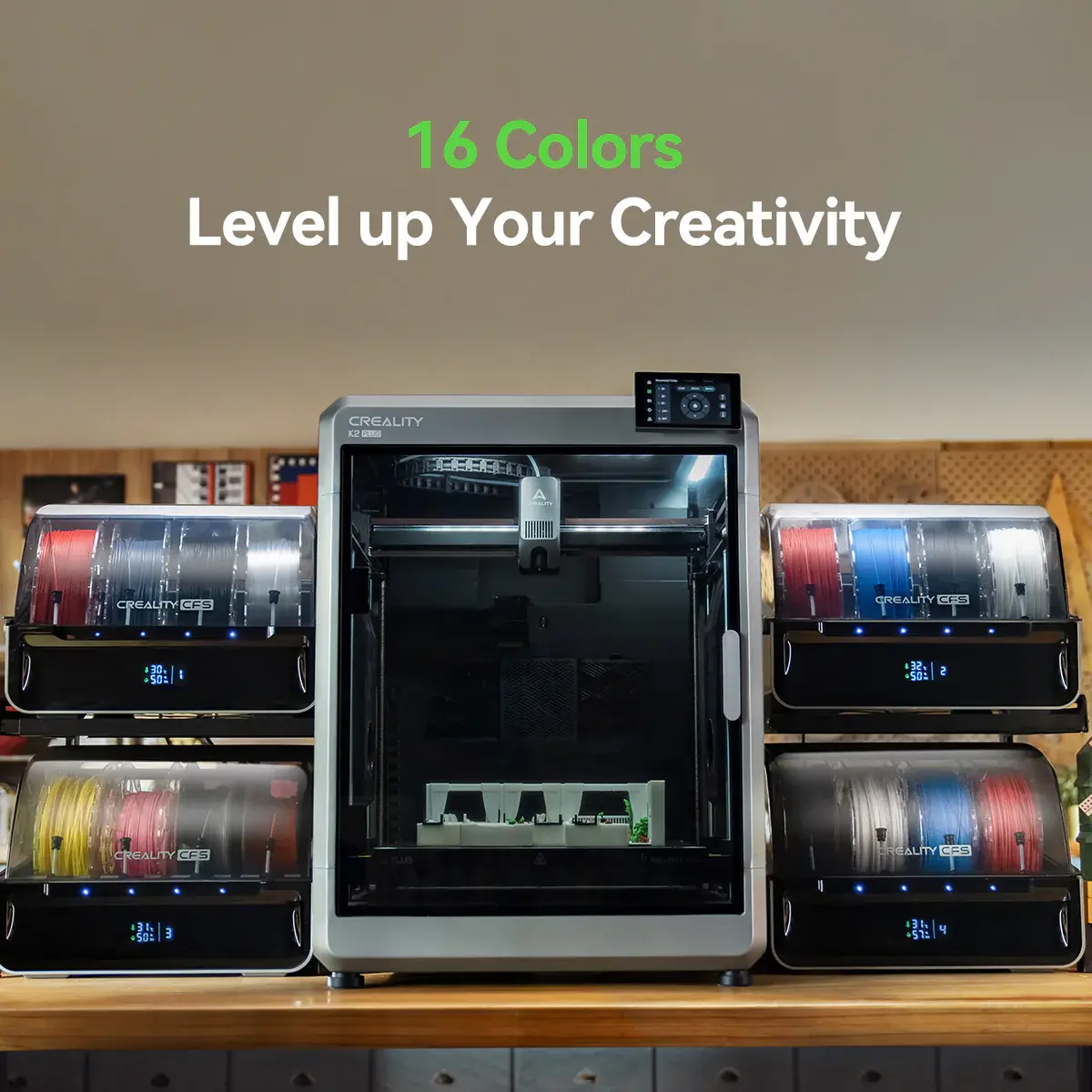 The Creality CFS (Colour Filament System) is an intelligent multi-material system with 4 spool slots that support multi-colour printing
