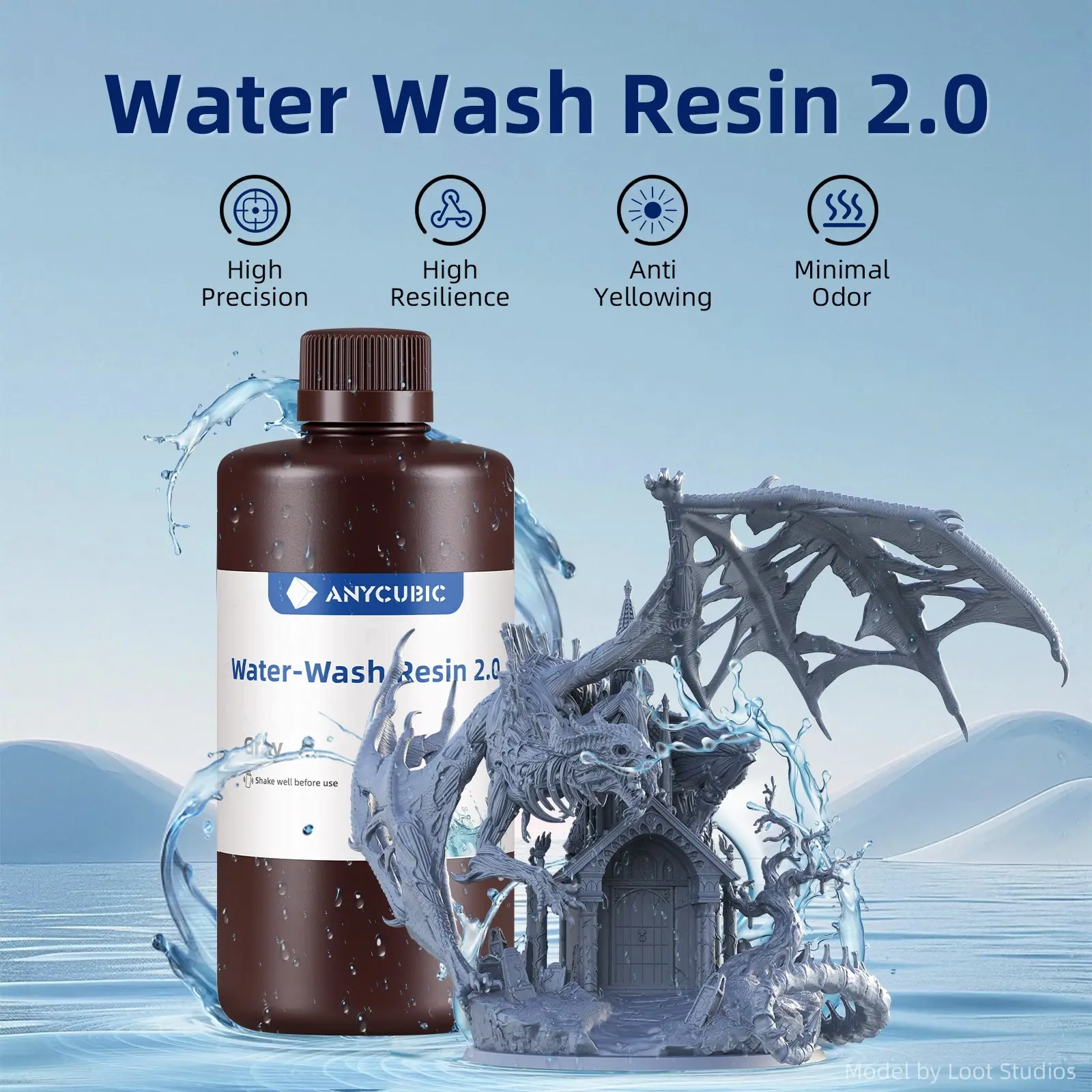 Anycubic Water Washable Resin 2.0– Easy-Clean Water Wash Resin for LCD 3D Printing