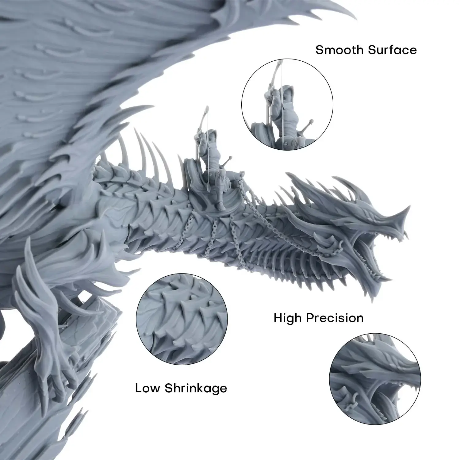 JAMG HE photopolymer resin is specially designed for reducing volume shrinkage during the Photocuring process, which ensures the high precision of the print model with smooth finish.