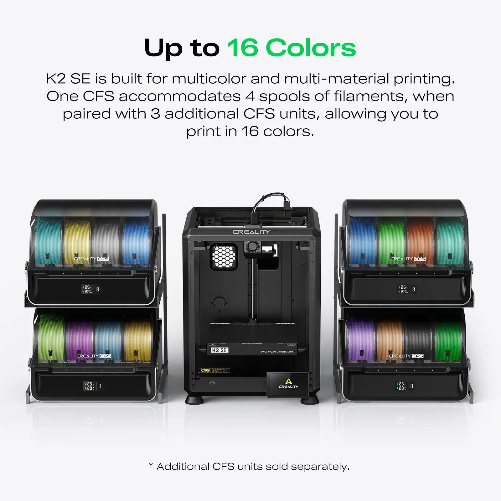 ​One CFS accommodates 4 spools of filaments, when paired with 3 additional CFS units, allowing you to print in 16 colors.