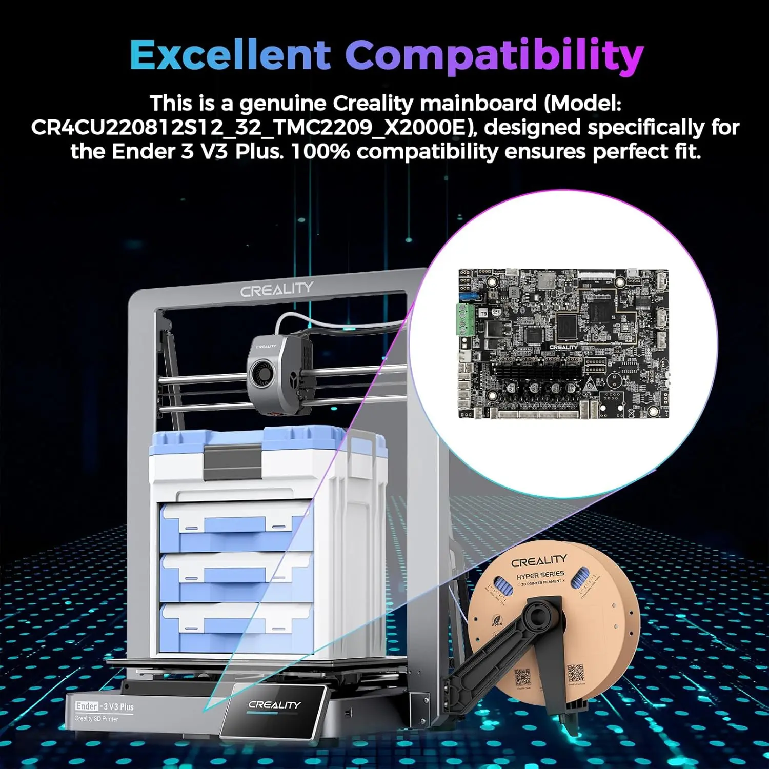 Creality Official Ender 3 V3 Plus Silent Mainboard Kit, Original 32-bit V3 Plus Motherboard with TMC2209 Driver Comes pre-installed with Ender 3 V3 Plus firmware for hassle-free direct replacement. The kit is only compatible with the Creality Ender 3 V3 Plus 3D Printer.
