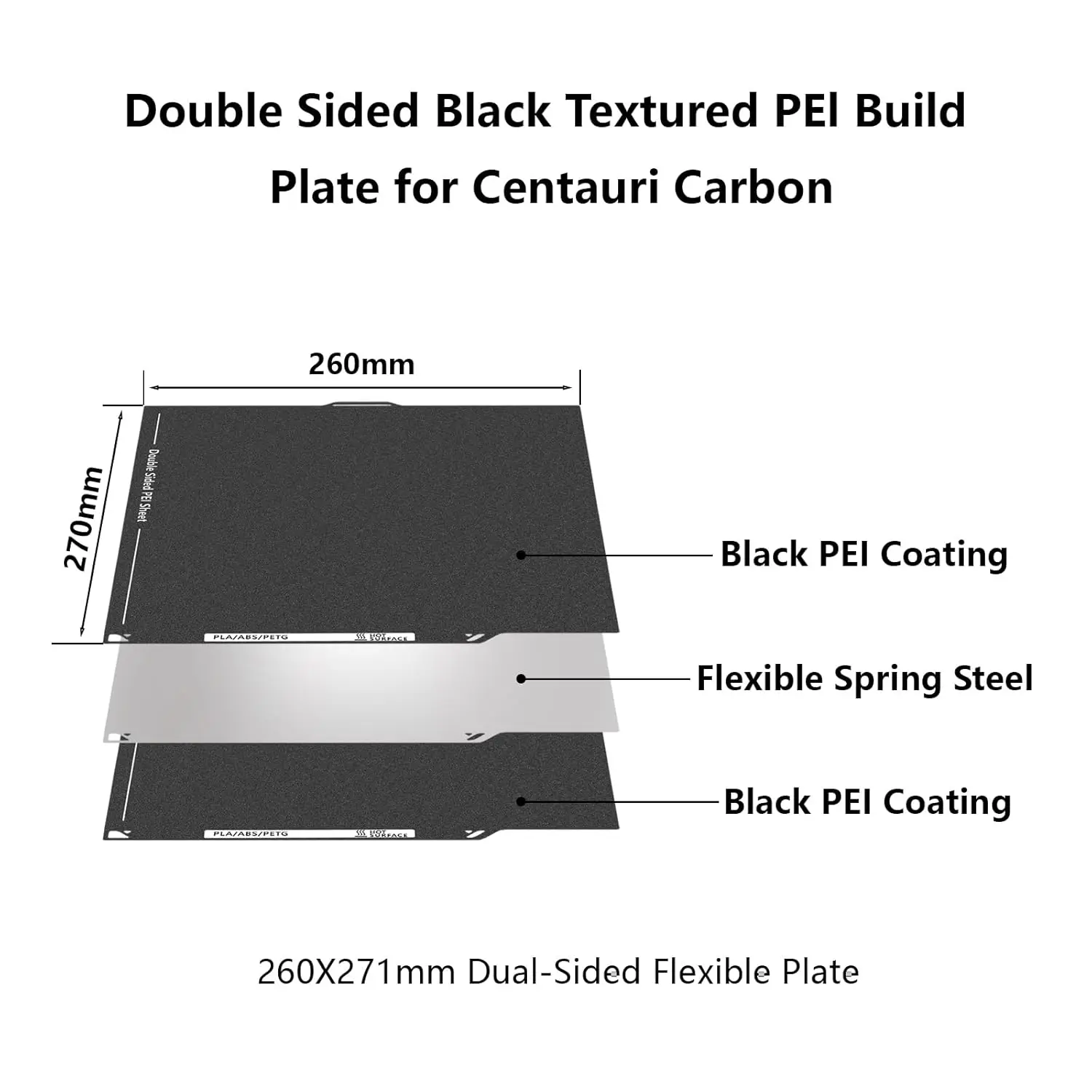 Double-Sided Black PEI Build Plate Double-Sided Black PEI Build Plate for Elegoo Centauri Carbon, Textured PEI Plate Print Bed Platform Spring Steel Flexible Sheet for Centauri Carbon/Centauri, 260X271MM
