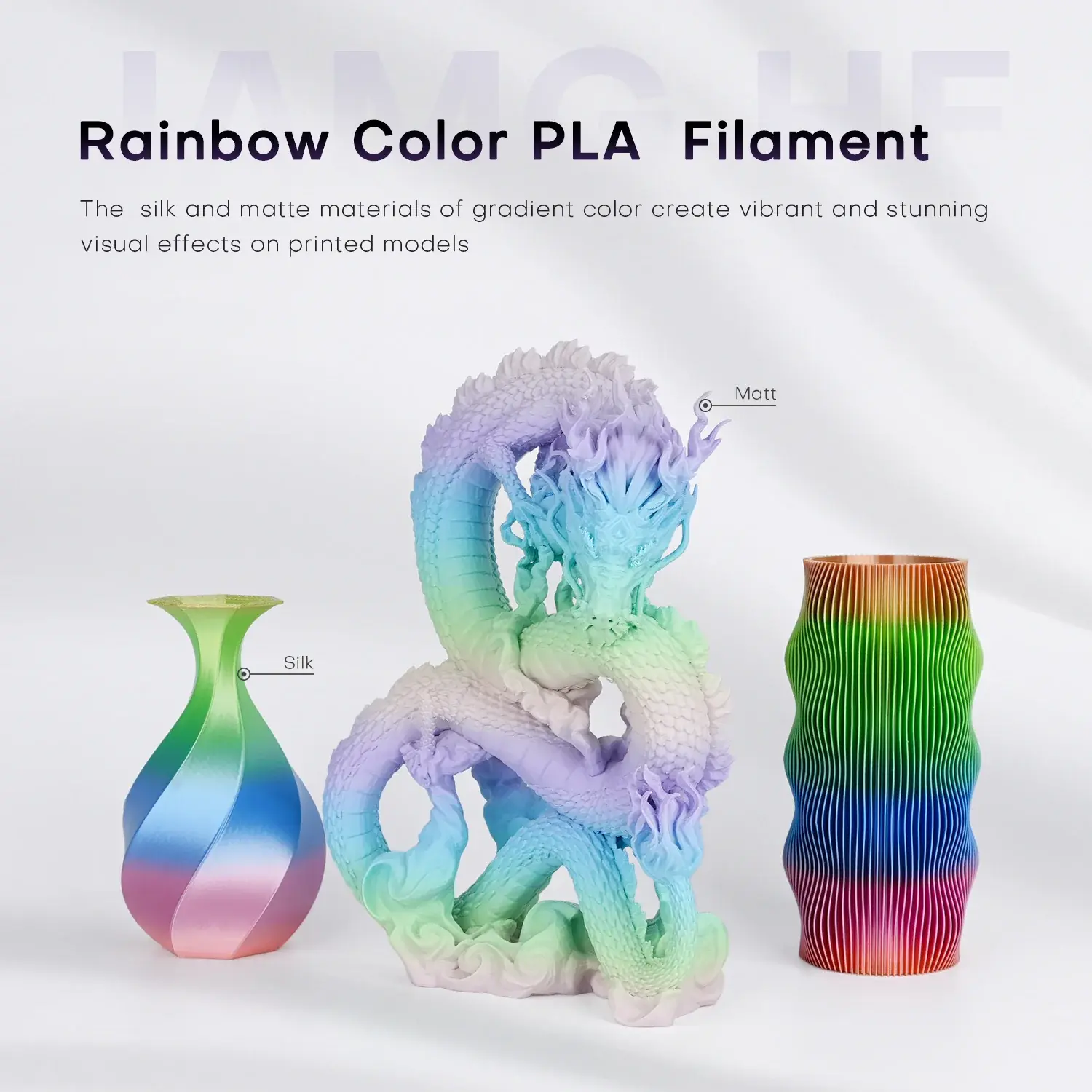 Rainbow Silk PLA Jamg He SilkPLA Rainbow Filament is a great choice for 3D printing projects. It is made with a combination of polylactic acid and other additives. The filament offers superior layer bonding and is ideal for producing parts with increased strength and stiffness.